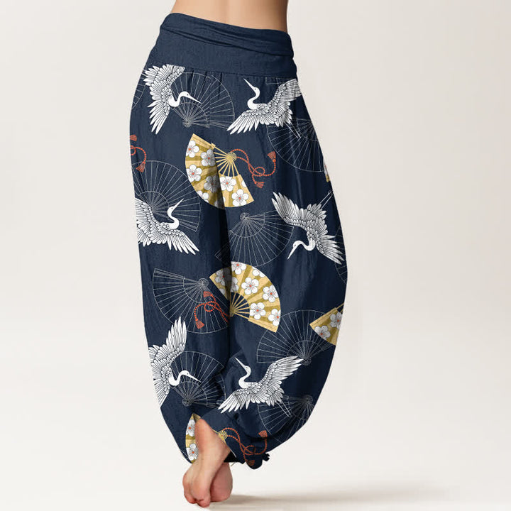 Buddha Stones Pantalones harem de algodón con estampado de abanico de grulla oriental para mujer con cintura elástica. - image 7