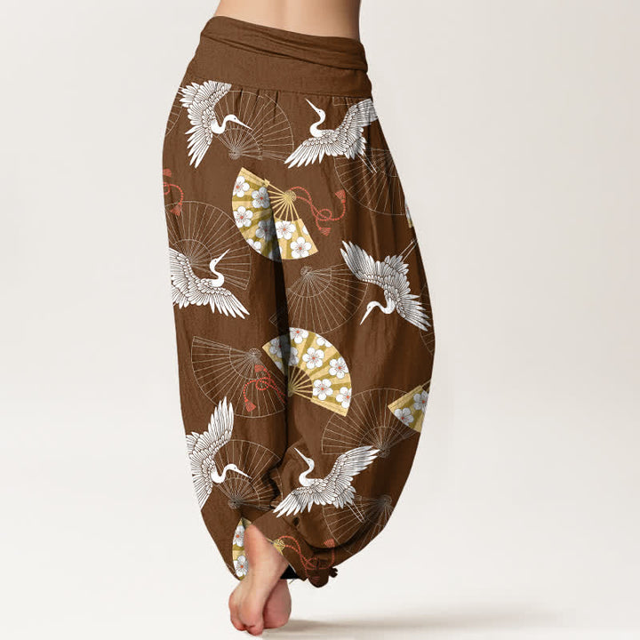 Buddha Stones Pantalones harem de algodón con estampado de abanico de grulla oriental para mujer con cintura elástica. - image 10