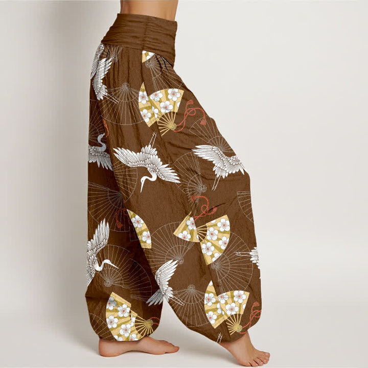 Buddha Stones Pantalones harem de algodón con estampado de abanico de grulla oriental para mujer con cintura elástica. - image 9