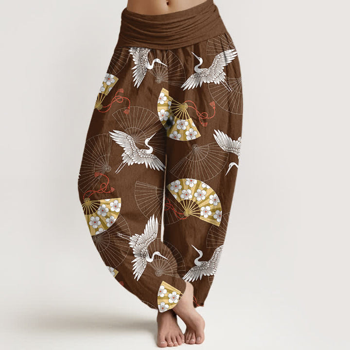 Buddha Stones Pantalones harem de algodón con estampado de abanico de grulla oriental para mujer con cintura elástica. - Marrón silla de montar - US16，UK/AU20，EU48 (3XL) - image 8