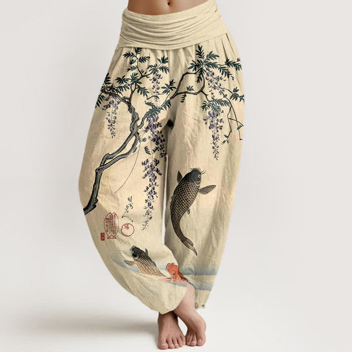 Buddha Stones Pantalones harem de algodón con estampado de carpas koi y glicinias para mujer, con cintura elástica. - Limón Chiffon - US16，UK/AU20，EU48 (3XL) - image 0