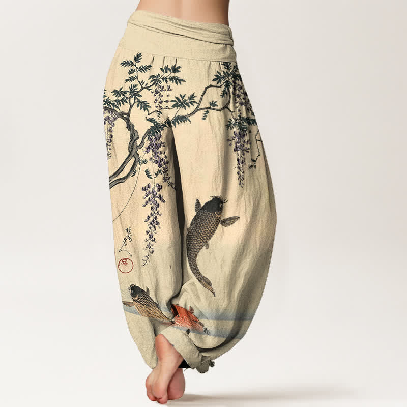 Buddha Stones Pantalones harem de algodón con estampado de carpas koi y glicinias para mujer, con cintura elástica. - image 2