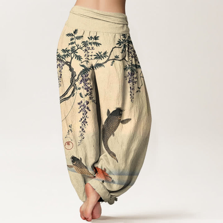 Buddha Stones Pantalones harem de algodón con estampado de carpas koi y glicinias para mujer, con cintura elástica. - image 2