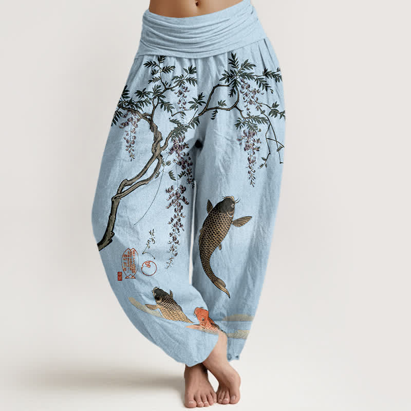 Buddha Stones Pantalones harem de algodón con estampado de carpas koi y glicinias para mujer, con cintura elástica. - Azul cielo claro - US16，UK/AU20，EU48 (3XL) - image 5