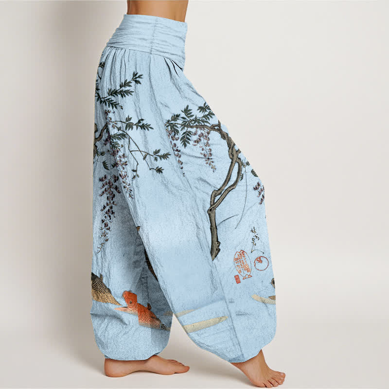 Buddha Stones Pantalones harem de algodón con estampado de carpas koi y glicinias para mujer, con cintura elástica. - image 6