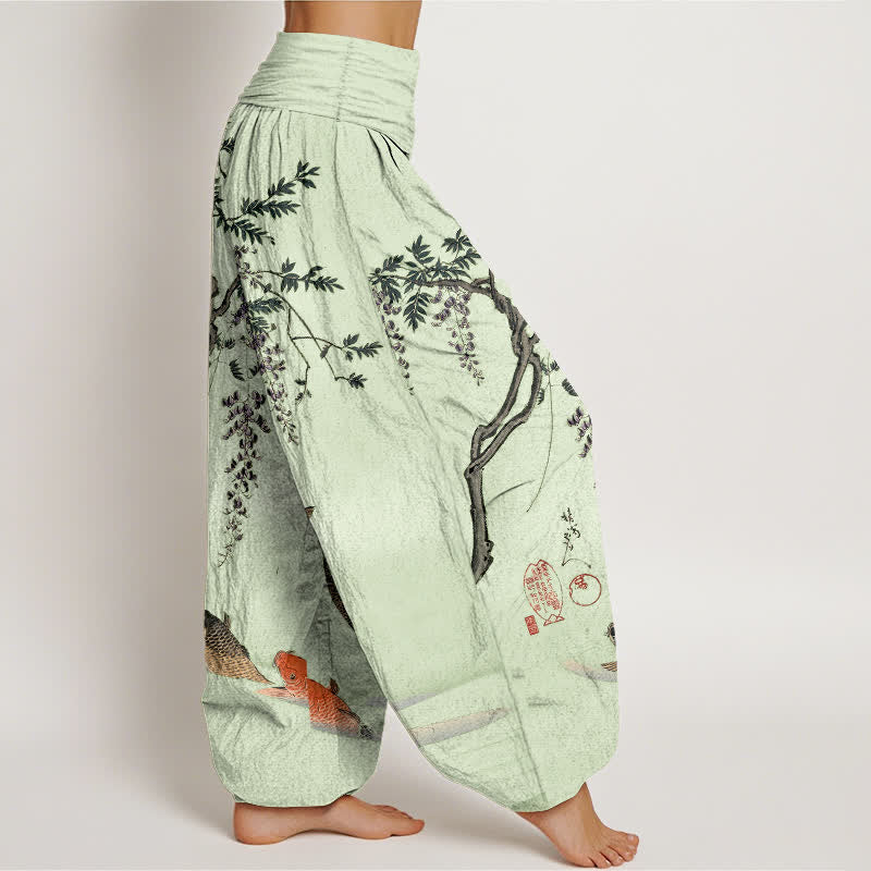 Buddha Stones Pantalones harem de algodón con estampado de carpas koi y glicinias para mujer, con cintura elástica. - image 9