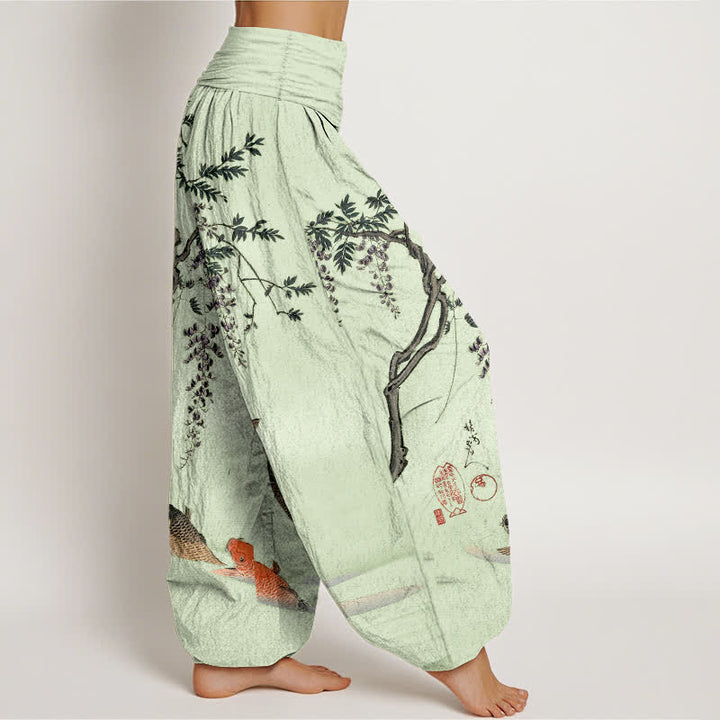 Buddha Stones Pantalones harem de algodón con estampado de carpas koi y glicinias para mujer, con cintura elástica. - image 9
