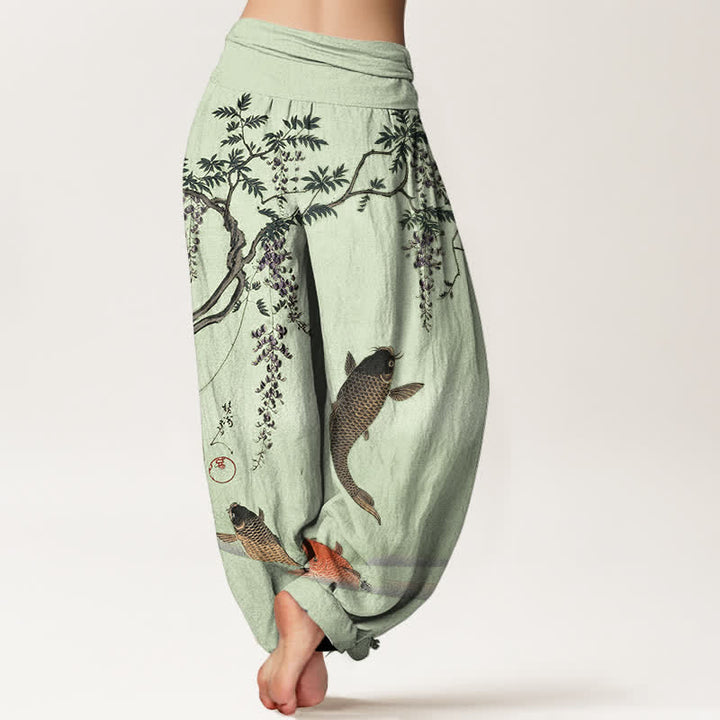 Buddha Stones Pantalones harem de algodón con estampado de carpas koi y glicinias para mujer, con cintura elástica. - image 10