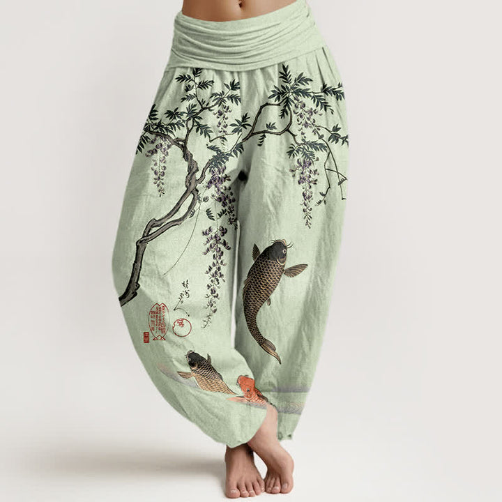 Buddha Stones Pantalones harem de algodón con estampado de carpas koi y glicinias para mujer, con cintura elástica. - Verde pálido - US16，UK/AU20，EU48 (3XL) - image 8