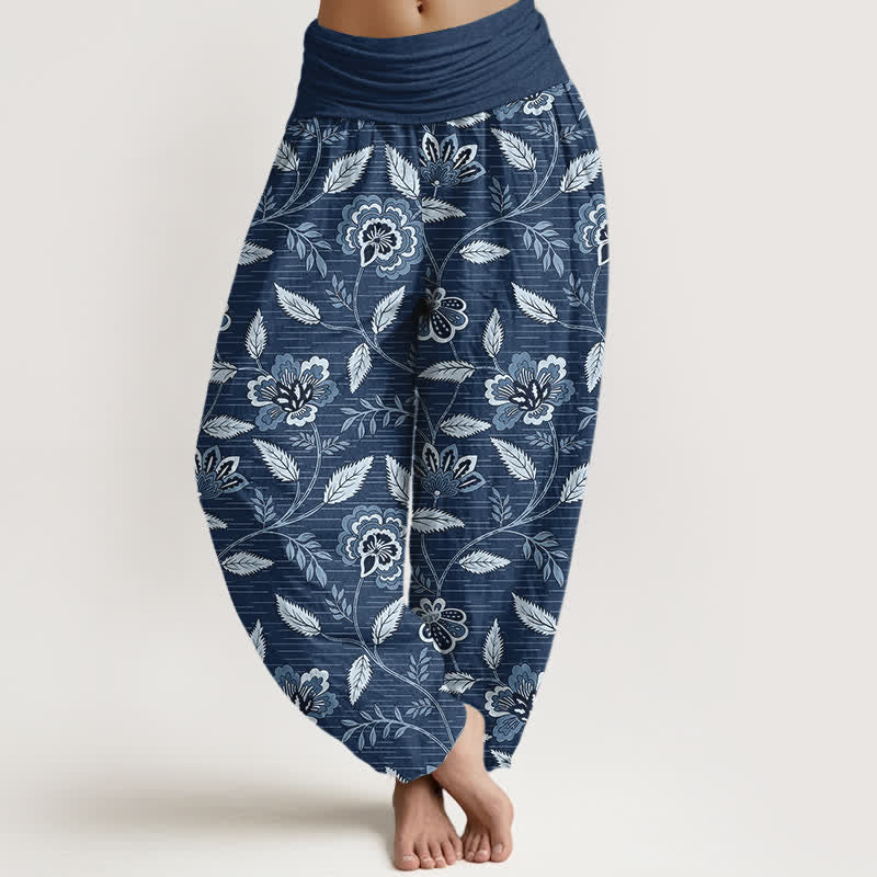 Buddha Stones Pantalones harem de algodón con estampado floral vintage y cintura elástica para mujer. - Azul acero - US16，UK/AU20，EU48 (3XL) - image 8