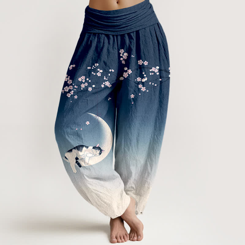 Buddha Stones Pantalones harem de algodón con estampado de gato y luna Sakura para mujer con cintura elástica. - Marina de guerra - US16，UK/AU20，EU48 (3XL) - image 0
