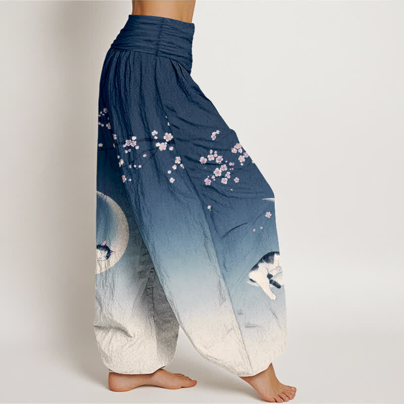 Buddha Stones Pantalones harem de algodón con estampado de gato y luna Sakura para mujer con cintura elástica. - image 1