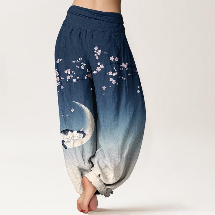 Buddha Stones Pantalones harem de algodón con estampado de gato y luna Sakura para mujer con cintura elástica. - image 2
