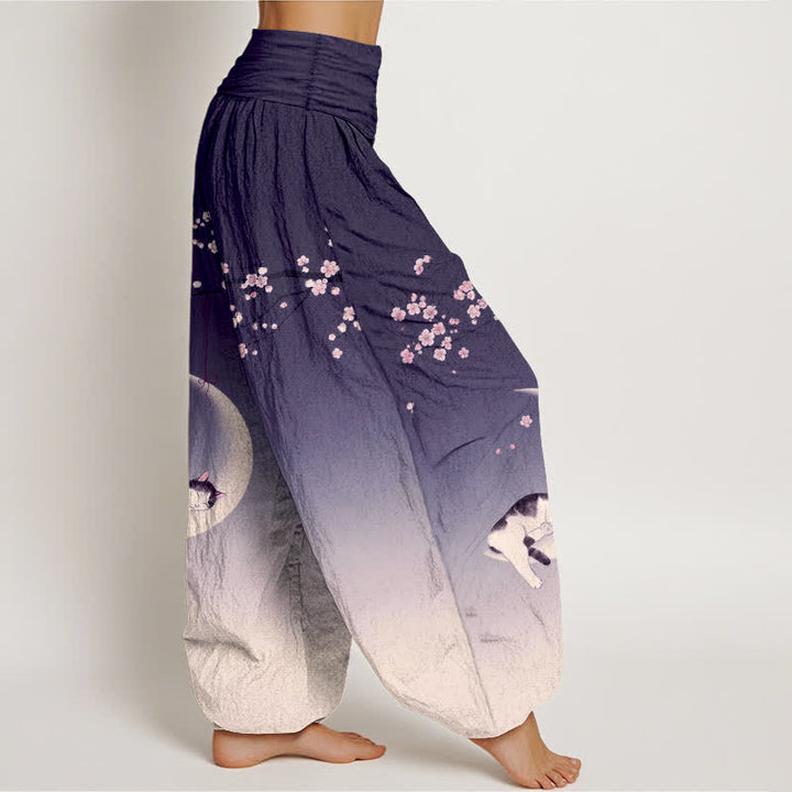 Buddha Stones Pantalones harem de algodón con estampado de gato y luna Sakura para mujer con cintura elástica. - image 6