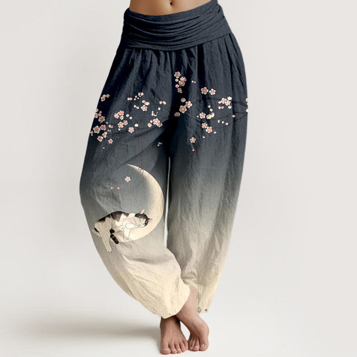 Buddha Stones Pantalones harem de algodón con estampado de gato y luna Sakura para mujer con cintura elástica. - Gris pizarra - US16，UK/AU20，EU48 (3XL) - image 8