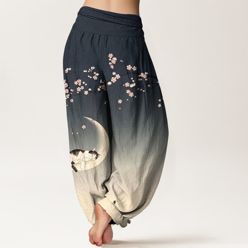 Buddha Stones Pantalones harem de algodón con estampado de gato y luna Sakura para mujer con cintura elástica. - image 10