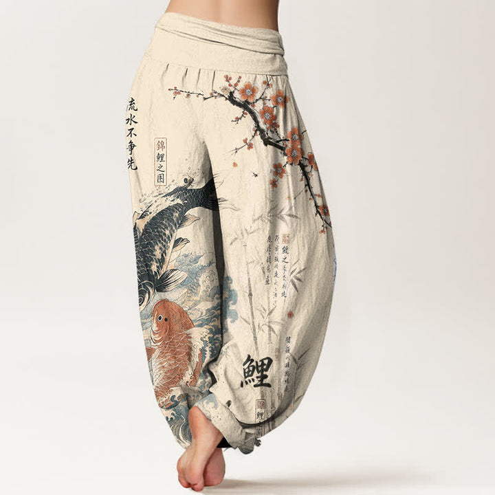 Buddha Stones Pantalones harem de algodón con estampado de caligrafía de peces koi para mujer con cintura elástica. - image 2