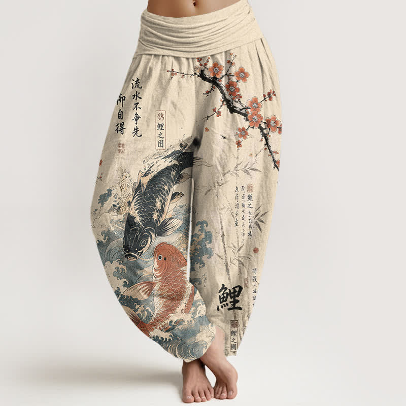 Buddha Stones Pantalones harem de algodón con estampado de caligrafía de peces koi para mujer con cintura elástica. - Beige - US16，UK/AU20，EU48 (3XL) - image 0