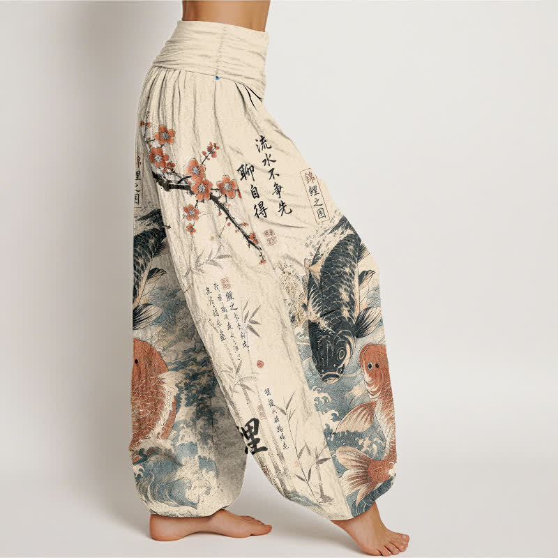 Buddha Stones Pantalones harem de algodón con estampado de caligrafía de peces koi para mujer con cintura elástica. - image 1