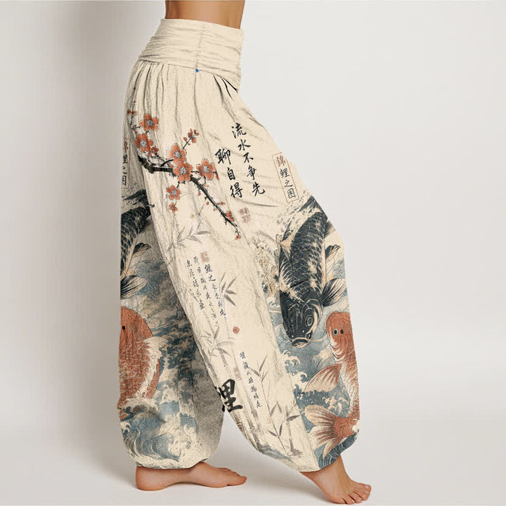 Buddha Stones Pantalones harem de algodón con estampado de caligrafía de peces koi para mujer con cintura elástica. - image 1