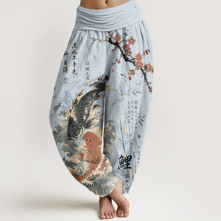 Buddha Stones Pantalones harem de algodón con estampado de caligrafía de peces koi para mujer con cintura elástica. - Azul cielo claro - US16，UK/AU20，EU48 (3XL) - image 5