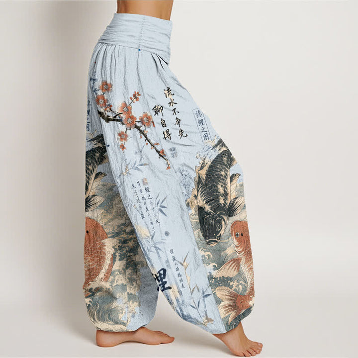 Buddha Stones Pantalones harem de algodón con estampado de caligrafía de peces koi para mujer con cintura elástica. - image 6