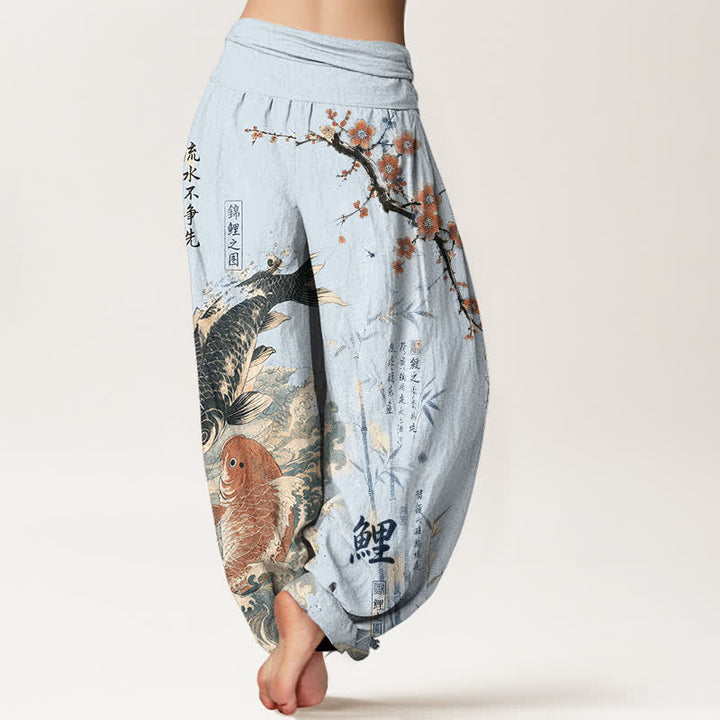 Buddha Stones Pantalones harem de algodón con estampado de caligrafía de peces koi para mujer con cintura elástica. - image 7