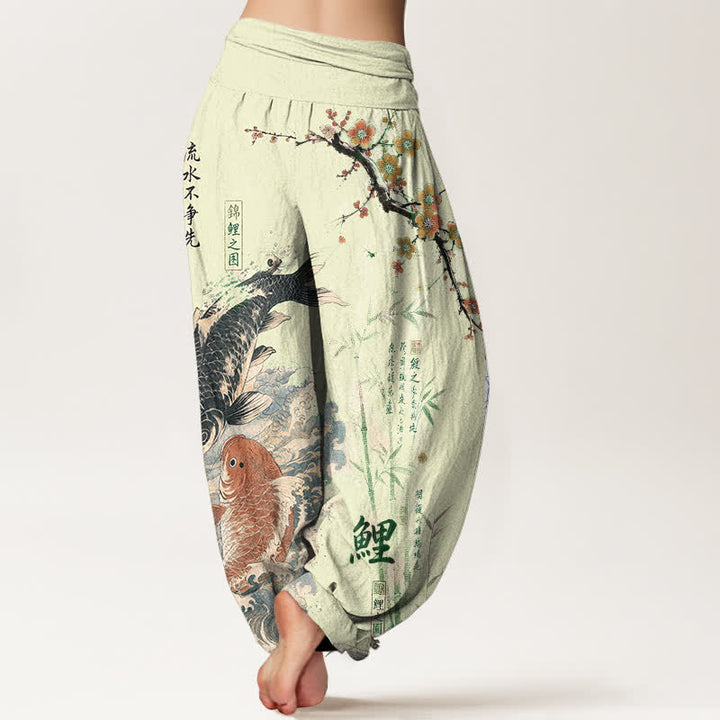 Buddha Stones Pantalones harem de algodón con estampado de caligrafía de peces koi para mujer con cintura elástica. - image 10