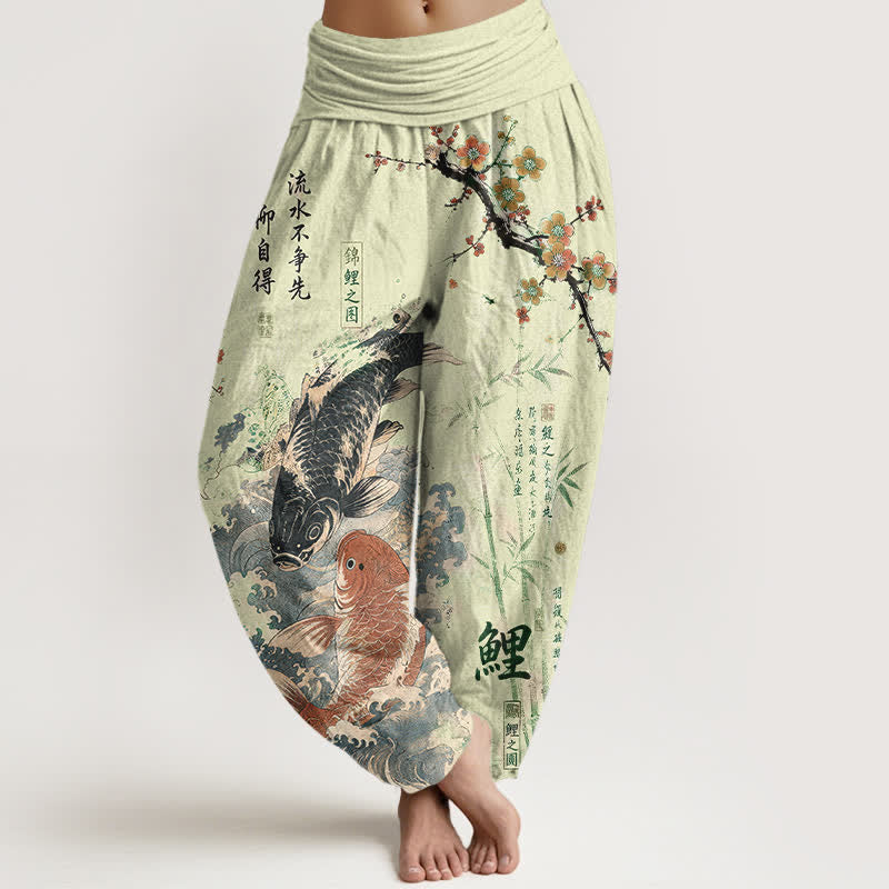 Buddha Stones Pantalones harem de algodón con estampado de caligrafía de peces koi para mujer con cintura elástica. - Gotas de miel - US16，UK/AU20，EU48 (3XL) - image 8