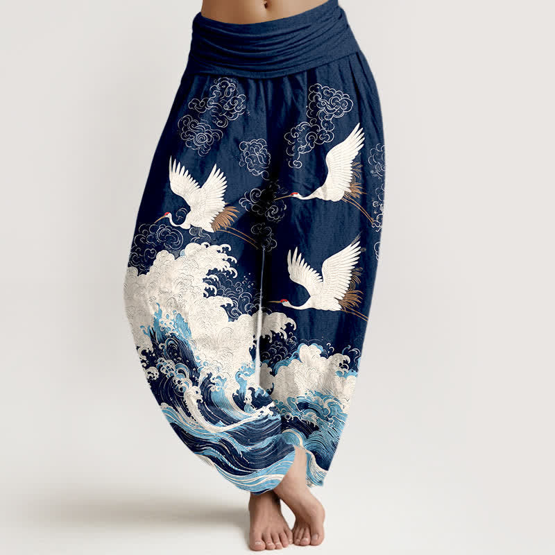 Buddha Stones Pantalones harem de mujer con cintura elástica y estampado de nubes y grullas de algodón. - Marina de guerra - US16，UK/AU20，EU48 (3XL) - image 0