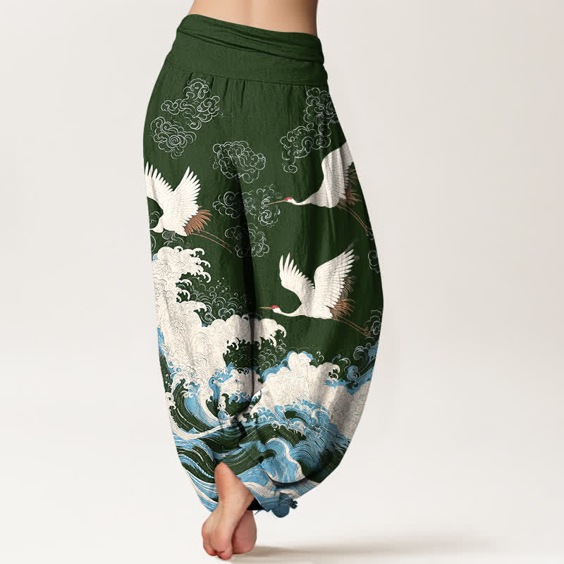 Buddha Stones Pantalones harem de mujer con cintura elástica y estampado de nubes y grullas de algodón. - image 7