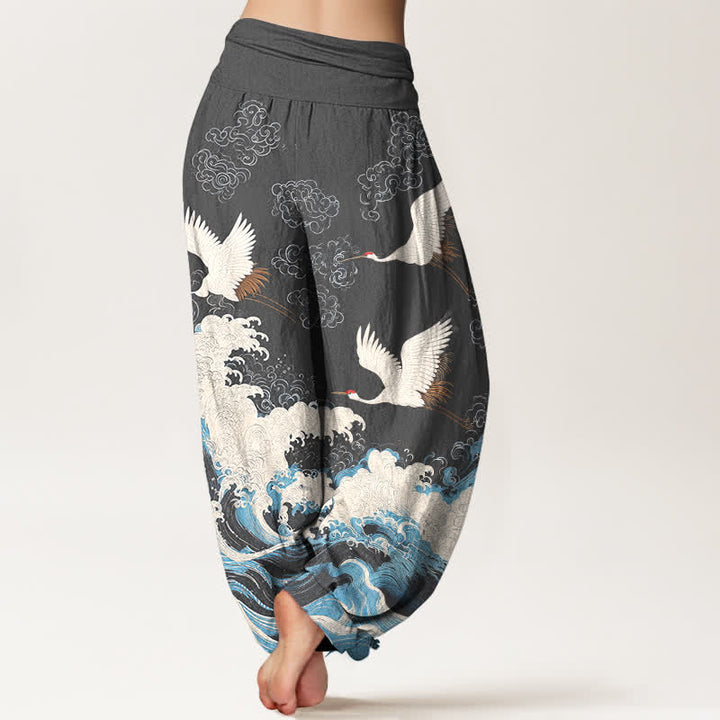 Buddha Stones Pantalones harem de mujer con cintura elástica y estampado de nubes y grullas de algodón. - image 10