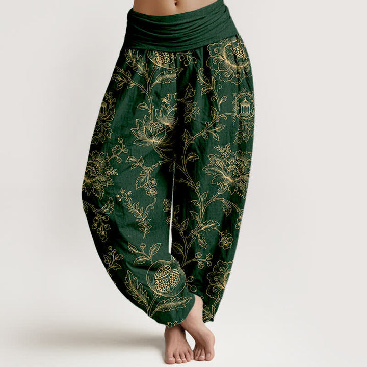 Buddha Stones Pantalones harem de algodón dorado con estampado floral y cintura elástica para mujer. - Verde oscuro - US16，UK/AU20，EU48 (3XL) - image 0