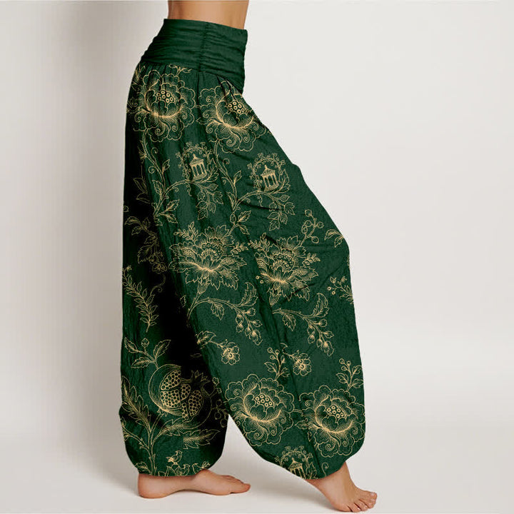 Buddha Stones Pantalones harem de algodón dorado con estampado floral y cintura elástica para mujer. - image 1