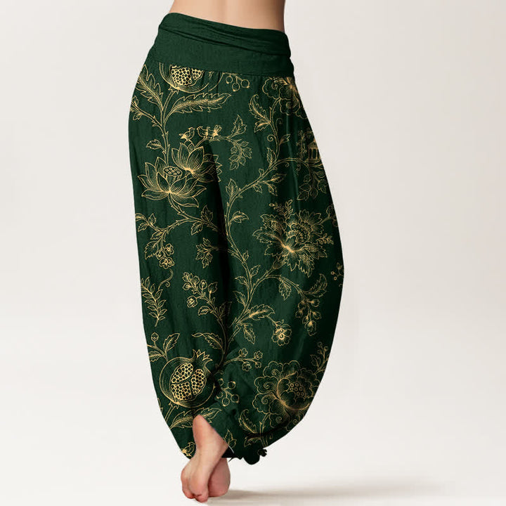Buddha Stones Pantalones harem de algodón dorado con estampado floral y cintura elástica para mujer. - image 2