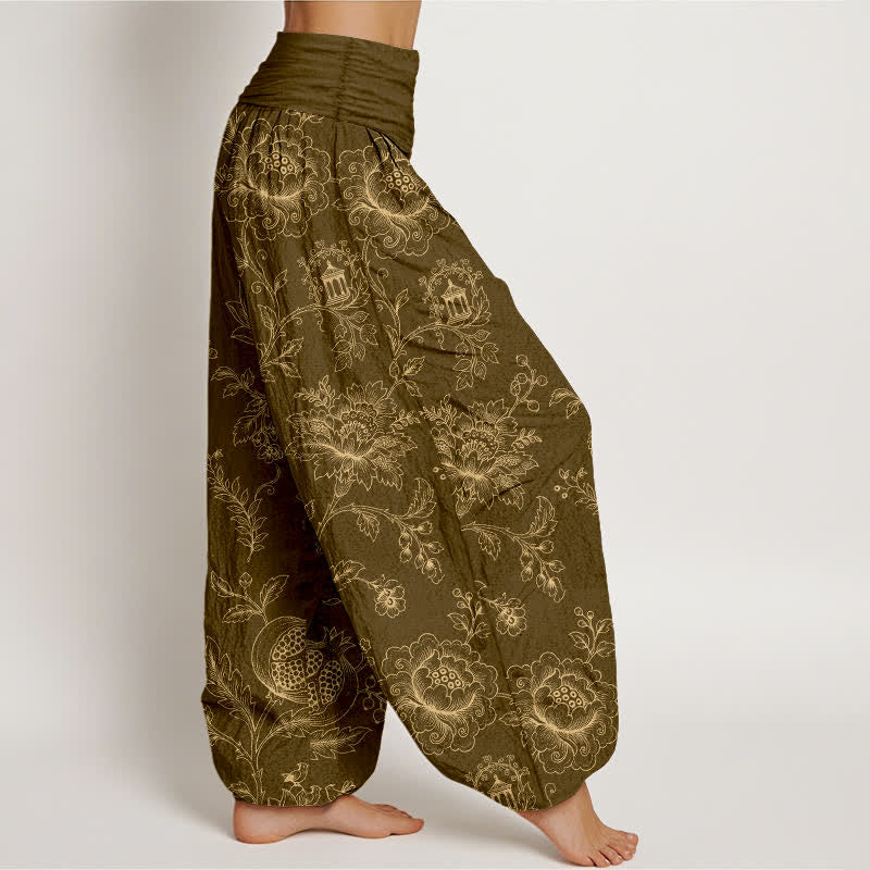 Buddha Stones Pantalones harem de algodón dorado con estampado floral y cintura elástica para mujer. - image 6