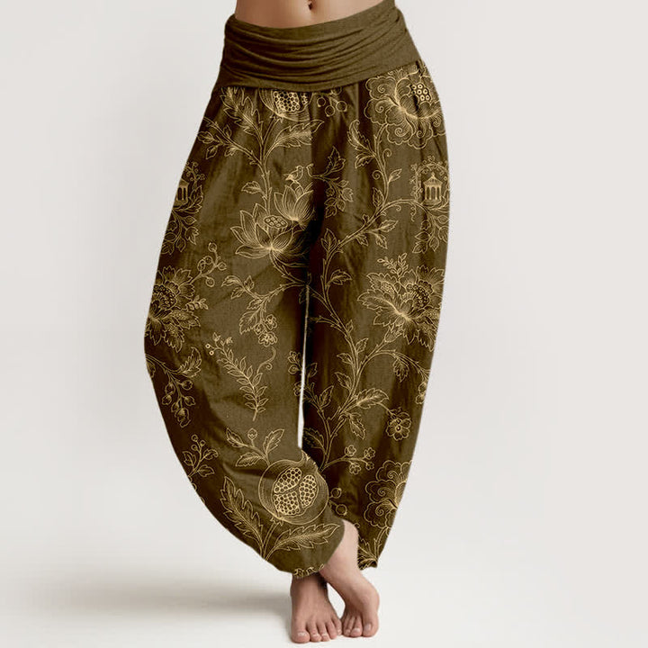 Buddha Stones Pantalones harem de algodón dorado con estampado floral y cintura elástica para mujer. - Aceituna - US16，UK/AU20，EU48 (3XL) - image 5