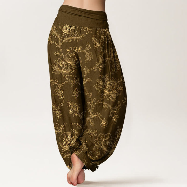 Buddha Stones Pantalones harem de algodón dorado con estampado floral y cintura elástica para mujer. - image 7
