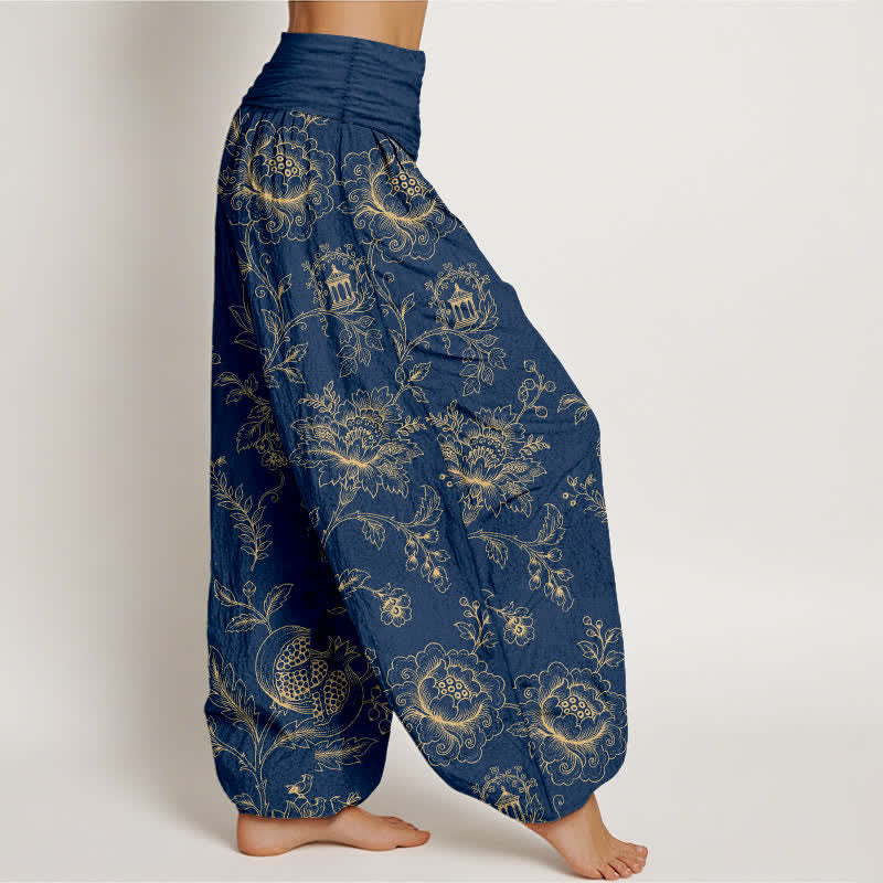 Buddha Stones Pantalones harem de algodón dorado con estampado floral y cintura elástica para mujer. - image 9