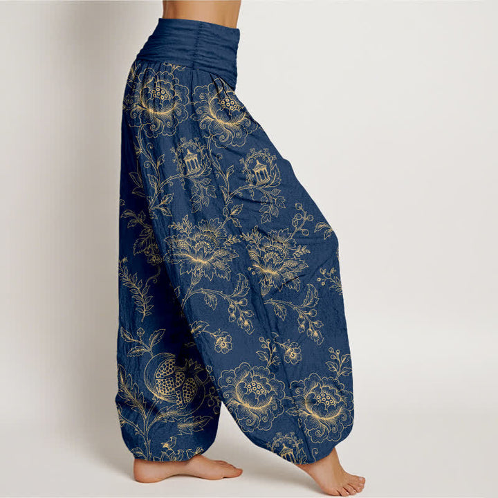 Buddha Stones Pantalones harem de algodón dorado con estampado floral y cintura elástica para mujer. - image 9