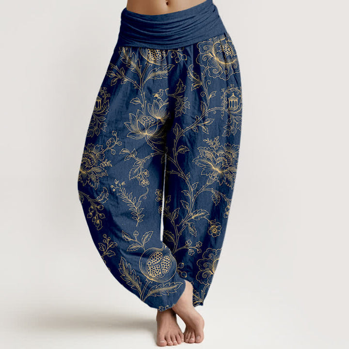 Buddha Stones Pantalones harem de algodón dorado con estampado floral y cintura elástica para mujer. - Marina de guerra - US16，UK/AU20，EU48 (3XL) - image 8