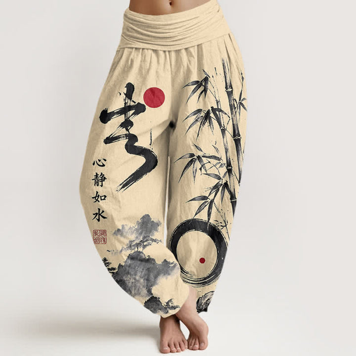 Buddha Stones Pantalones harem de mujer con cintura elástica, estampado de paisaje en tinta de bambú y algodón. - Limón Chiffon - US16，UK/AU20，EU48 (3XL) - image 0