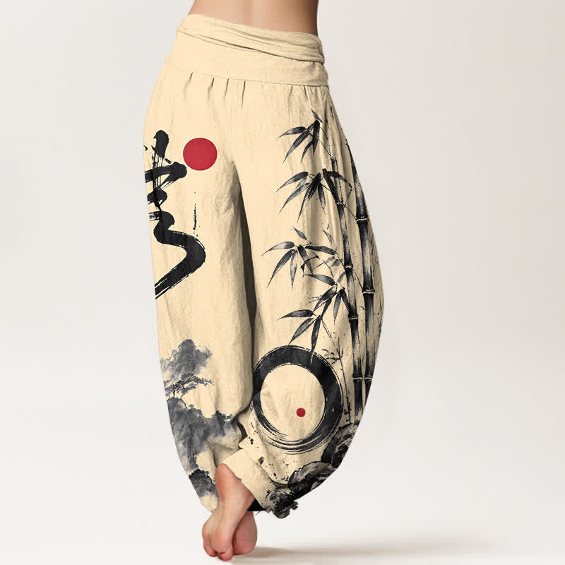 Buddha Stones Pantalones harem de mujer con cintura elástica, estampado de paisaje en tinta de bambú y algodón. - image 2