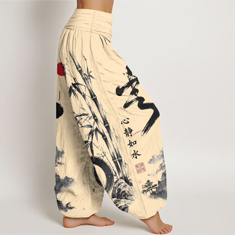 Buddha Stones Pantalones harem de mujer con cintura elástica, estampado de paisaje en tinta de bambú y algodón. - image 1