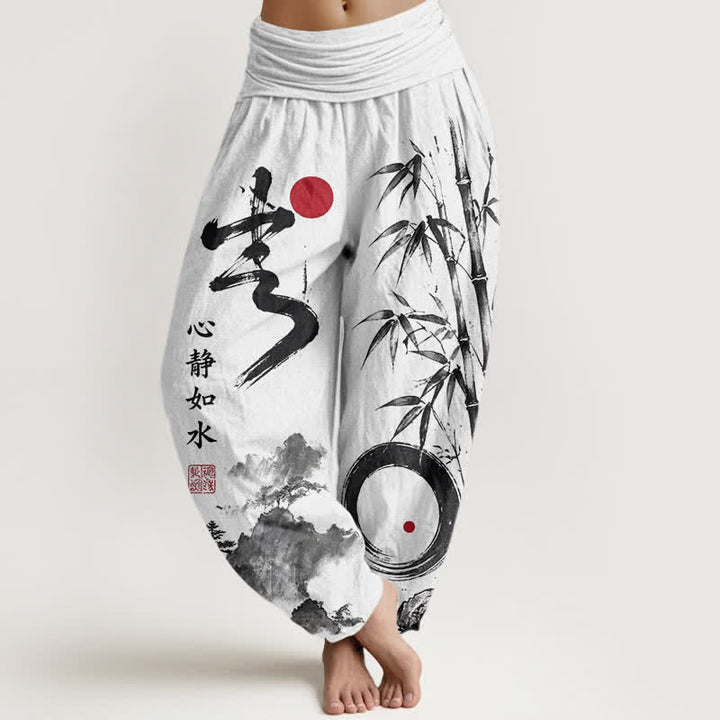 Buddha Stones Pantalones harem de mujer con cintura elástica, estampado de paisaje en tinta de bambú y algodón. - Blanco - US16，UK/AU20，EU48 (3XL) - image 5