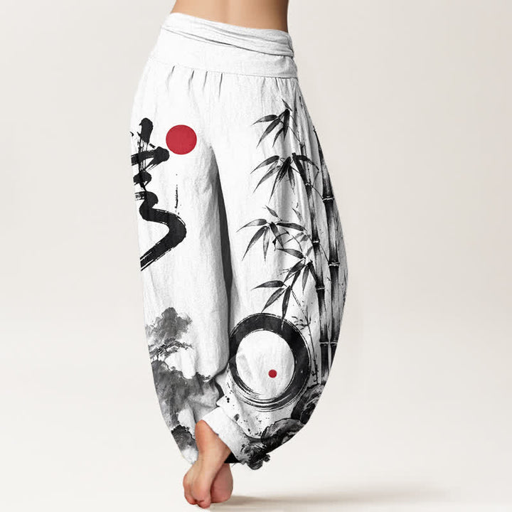 Buddha Stones Pantalones harem de mujer con cintura elástica, estampado de paisaje en tinta de bambú y algodón. - image 7