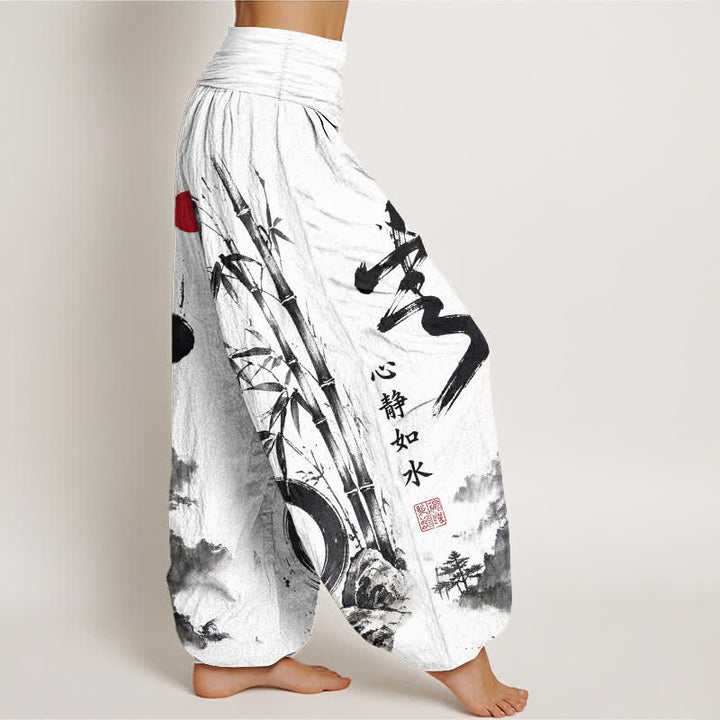 Buddha Stones Pantalones harem de mujer con cintura elástica, estampado de paisaje en tinta de bambú y algodón. - image 6