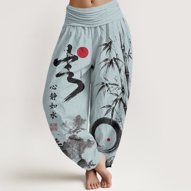 Buddha Stones Pantalones harem de mujer con cintura elástica, estampado de paisaje en tinta de bambú y algodón. - Azul claro - US16，UK/AU20，EU48 (3XL) - image 8