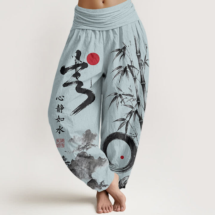 Buddha Stones Pantalones harem de mujer con cintura elástica, estampado de paisaje en tinta de bambú y algodón. - Azul claro - US16，UK/AU20，EU48 (3XL) - image 8