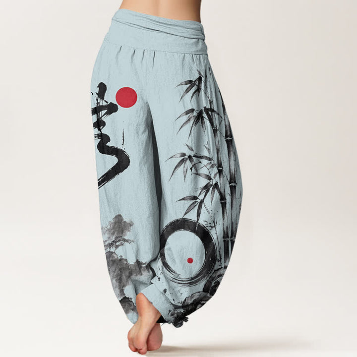 Buddha Stones Pantalones harem de mujer con cintura elástica, estampado de paisaje en tinta de bambú y algodón. - image 10
